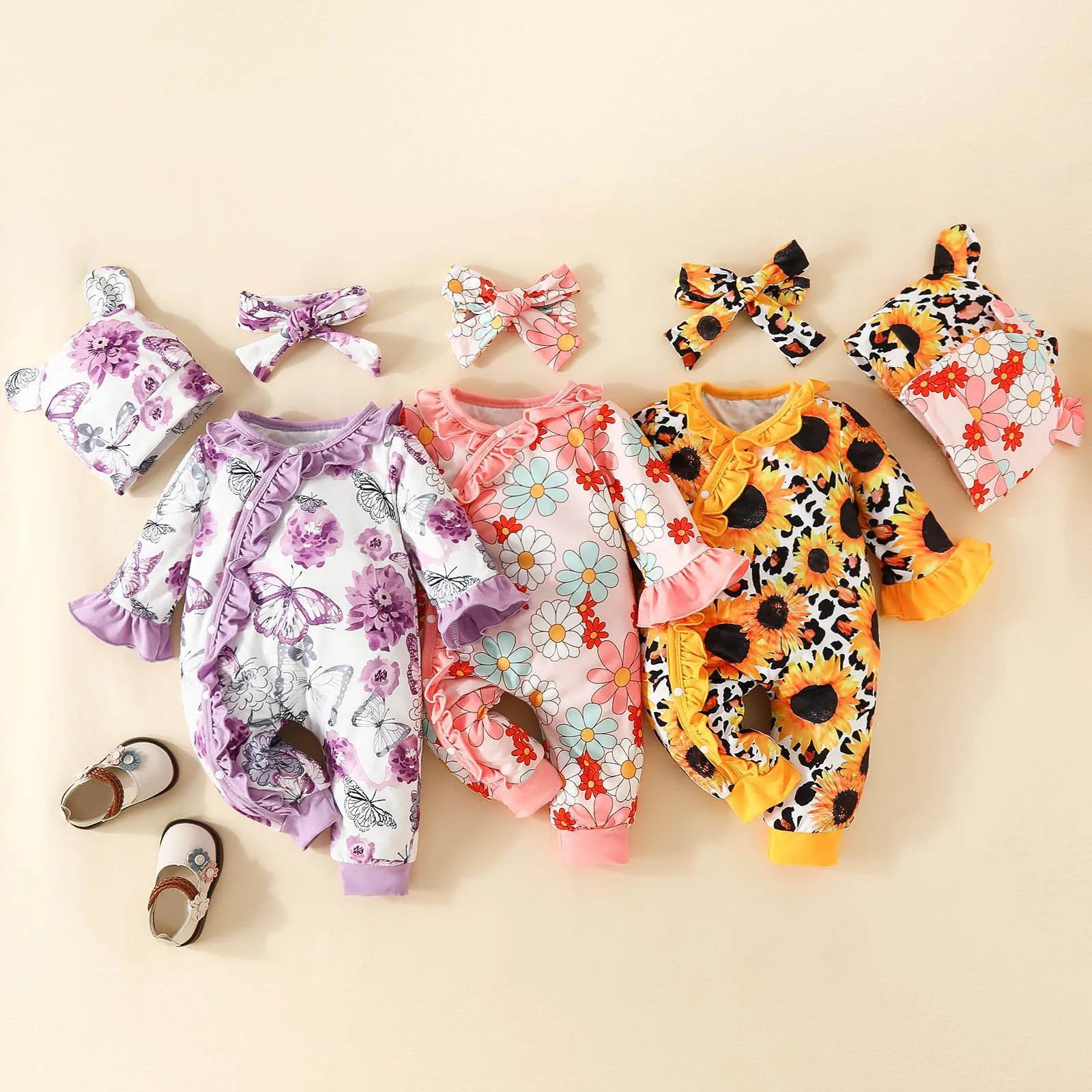 3pcs Baby Jumpsuit For Girls Ruffle Sunflower