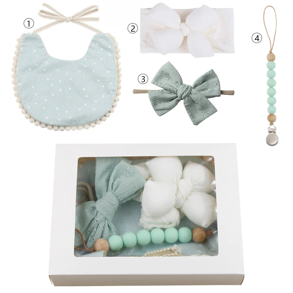 4Pcs/Set Flower Print Baby Bib Headband Elastic Nylon Hair Band Food Grade Silicone Beads Pacifier Clip Chain Christmas Gift Box