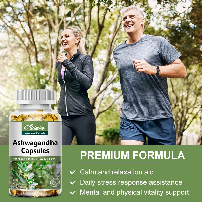 Alliwise Ashwagandha Organic Extract Capsules Relieve Stress Enhances Immunity for Boost Energy Improves Sleep Supplement