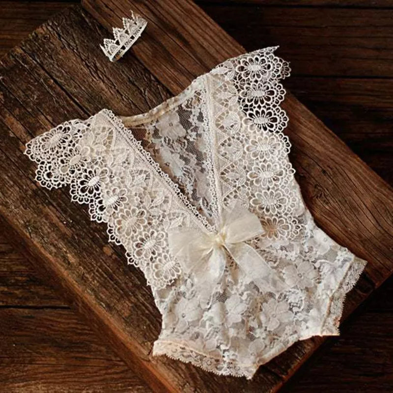 2 Pcs 0-1 Month Baby Headband Lace Romper Costume