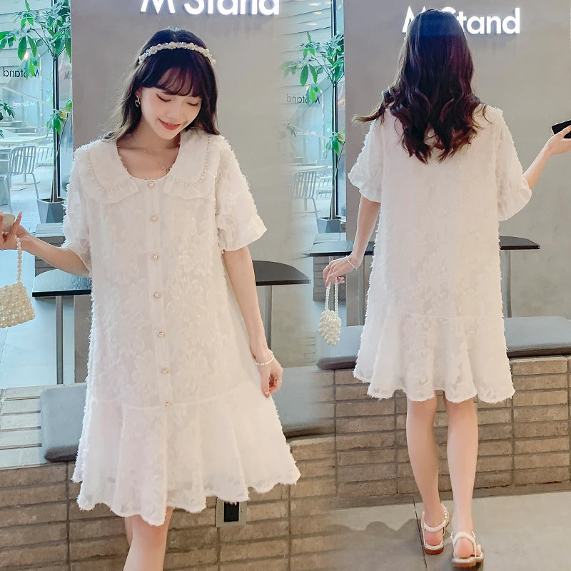 3959# Summer Korean Fashion Maternity Dress Beading Ruffle A Line Loose Clothes for Pregnant Women Sweet Pregnancy Clothing