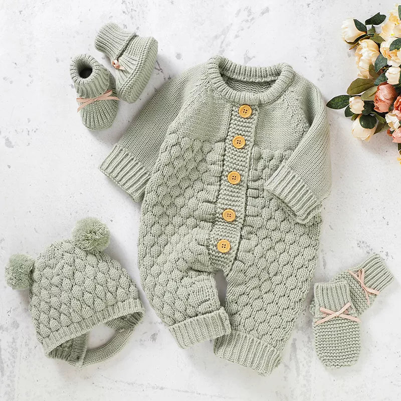 Newborn Baby Clothes Set Romper +Hat +Gloves +Shoes Fall 4PC