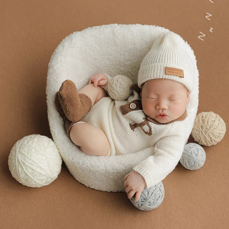 Baby Photography Prop Knitted Wool Ball Bodysuit With Hat Outfit