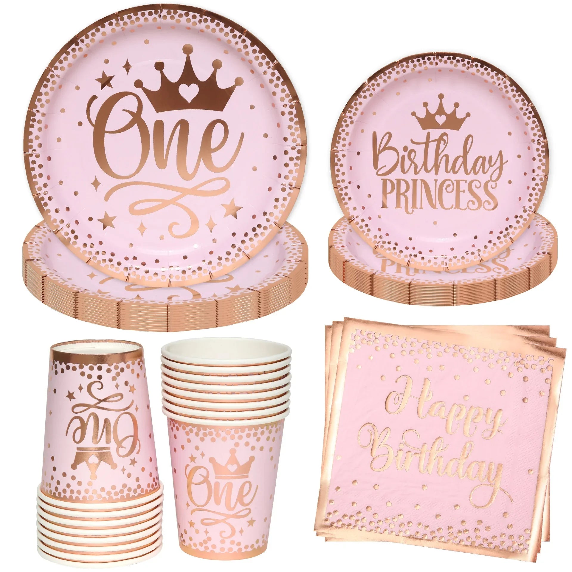 Pink White Rose 1 Year Old Crown Princess Birthday Party Props