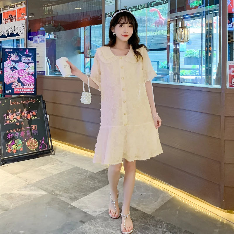 3959# Summer Korean Fashion Maternity Dress Beading Ruffle A Line Loose Clothes for Pregnant Women Sweet Pregnancy Clothing