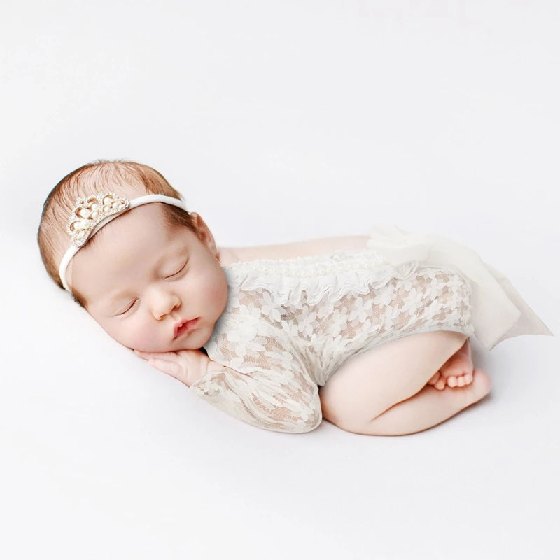2 Pcs 0-1 Month Baby Headband Lace Romper Costume