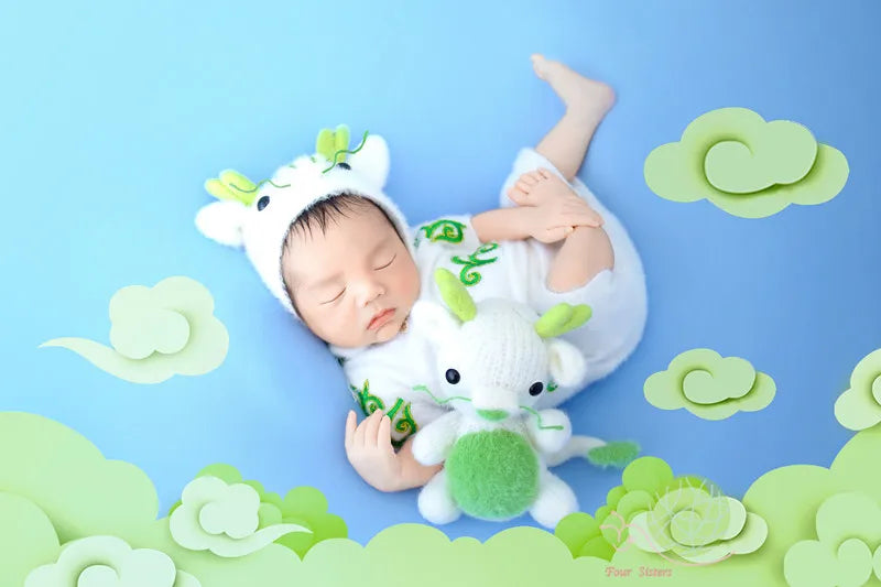 Newborn White Dragon Hat+Jumpsuit+Doll Sets Baby Photo Props