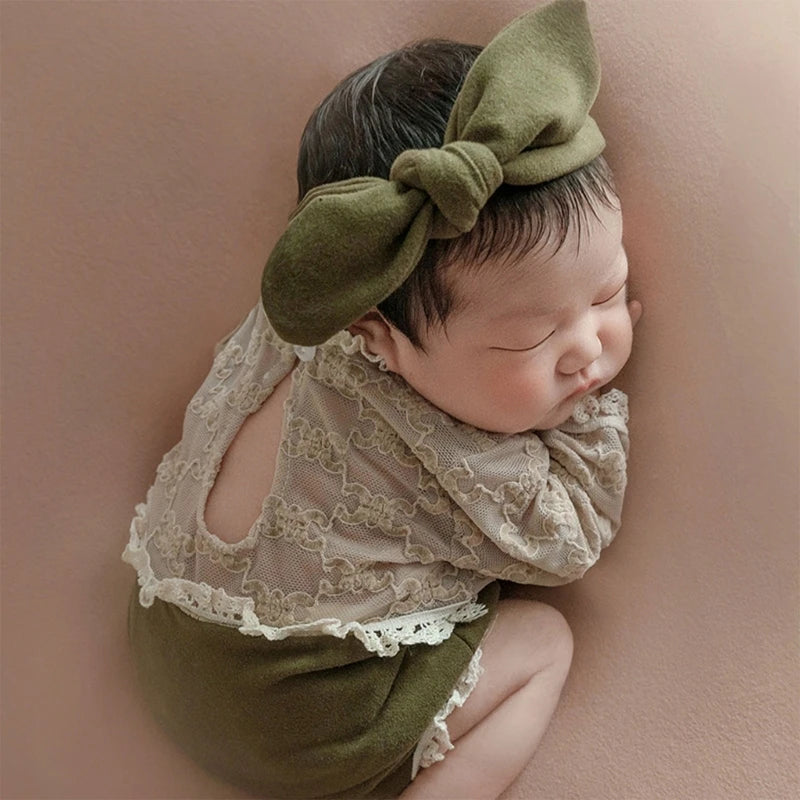 Newborn Baby Bowknot Headband & Lace Jumpsuits