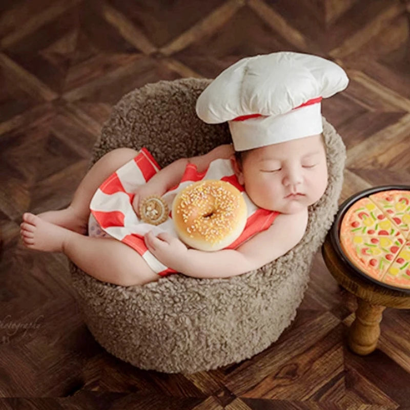 Newborn Chef Costume for Photography Props Striped Apron and Hat Set