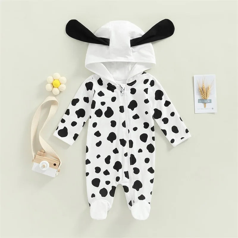 0-18M Newborn Infant Baby Jumpsuit Long Sleeve Cow Print Clothing