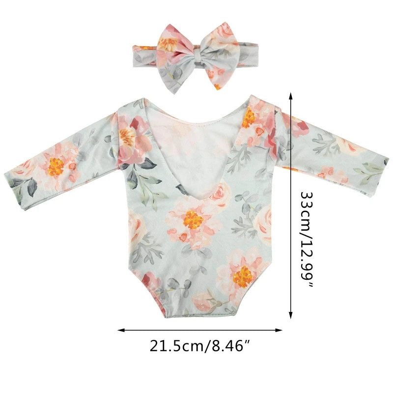 2 Pcs Newborn Photography Props Baby Flower Printed Romper Bow Headband