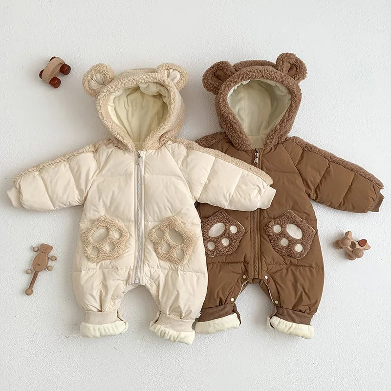 2023 Korea Winter Newborn Boy Romper Cotton Padded Long Sleeve Baby Boy Snowwear Hooded Plus Velvet Thick Warm Infant Boy Parkas