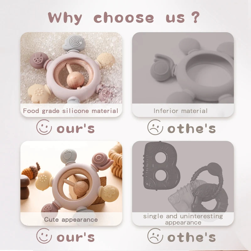 1PC Silicone Teether Baby Rudder Shape Wooden BPA Free