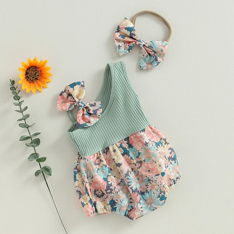 Newborn Baby Girl Summer Floral One Shoulder Bodysuit With Headband