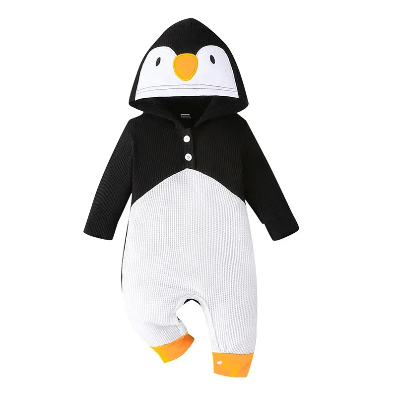 2023-08-01 Lioraitiin 0-18M Toddler Baby Girls Boys Rompers Penguin Shape Buttons Hooded Long Sleeve Romper Winter Fall Clothes