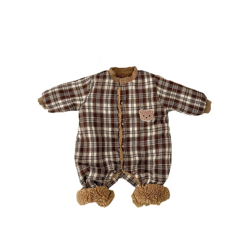 2023 Ins Winter Infant Boys Reversible Rompers Hairy Thick Baby Boys Padded Bodysuits Plaid Bear Patched Newborn Boys Outfits