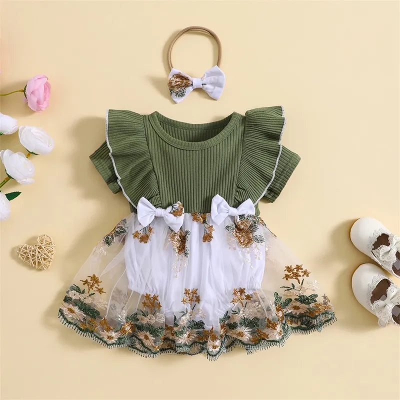 0-2Y Knit Rib Ruffles Crew Neck Dress with Bow Headband