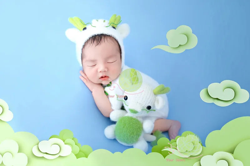 Newborn White Dragon Hat+Jumpsuit+Doll Sets Baby Photo Props