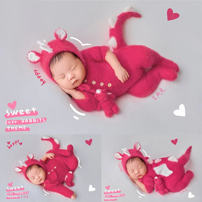 Newborn Photography Outfit Pink Furry Dinosaur Costume Set