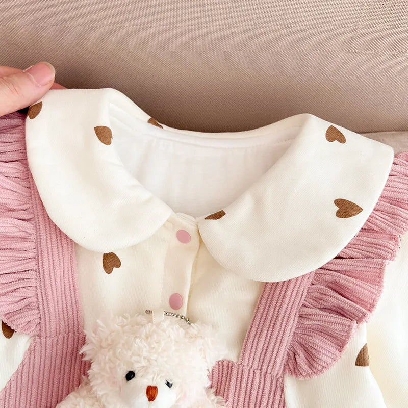 2023 Autumn Winter Infant Girls Plush Heart Printed Jumpsuit Baby Girls Cartoon 3D Bear Romper Toddler Girls Warm Bodysuit