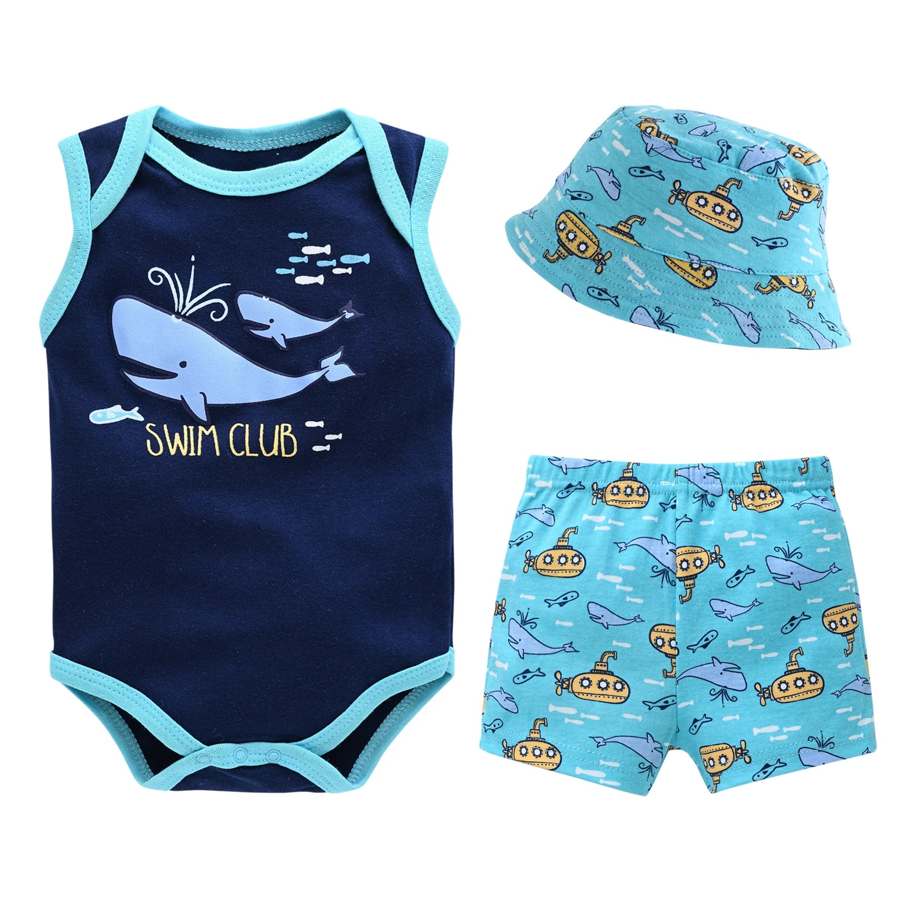 3 PCS Summer Baby Bodysuit Set Boys Romper +Hats + Shorts