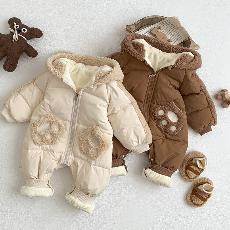 2023 Korea Winter Newborn Boy Romper Cotton Padded Long Sleeve Baby Boy Snowwear Hooded Plus Velvet Thick Warm Infant Boy Parkas