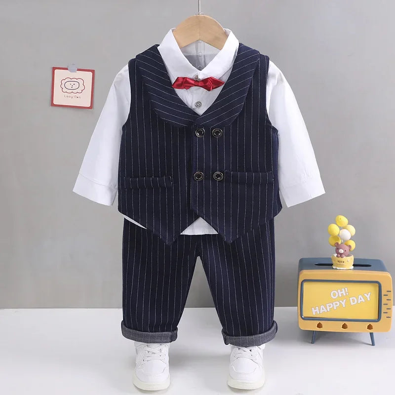Baby Plaid gentleman suit set tie shirt trousers three piece set