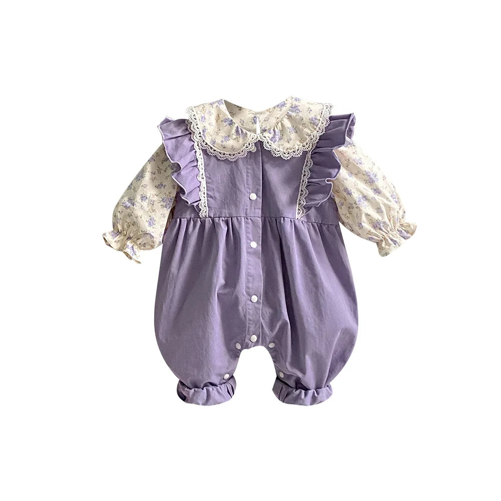 2024 Korean 2PCS Set Cotton Floral Shirts Purple Pants Suit