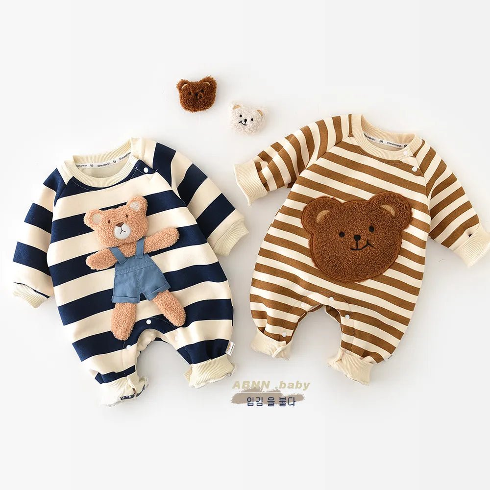 2023 Spring Autumn Korean Infant Boys Jumpsuit Patched Cartoon Bear Boys Striped Romper Thick Button Long Sleeve Toddler Outfit