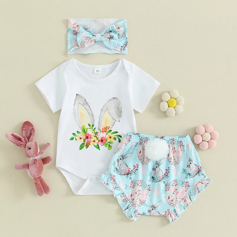 Newborn Baby Girl Easter Outfit Short Sleeve Bunny Headband Set