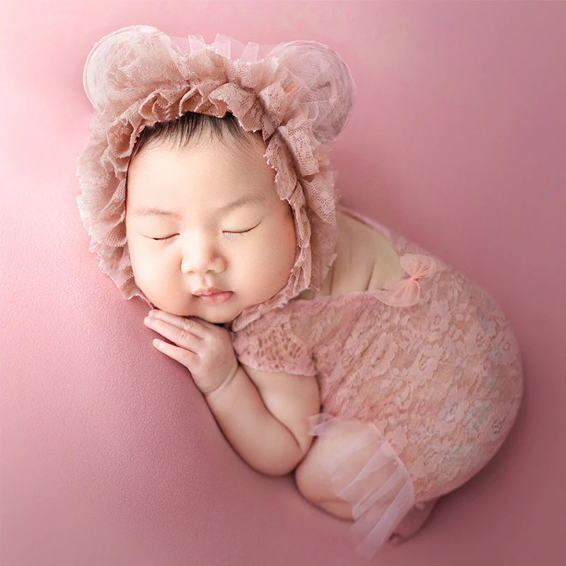 Lace Romper with Ear Hat Dusty Pink Baby Girl Photography Clothes