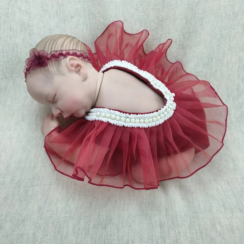 Baby Girls Backless Pearls Dress+Lace Headband Infant Princess Photoshoot Props