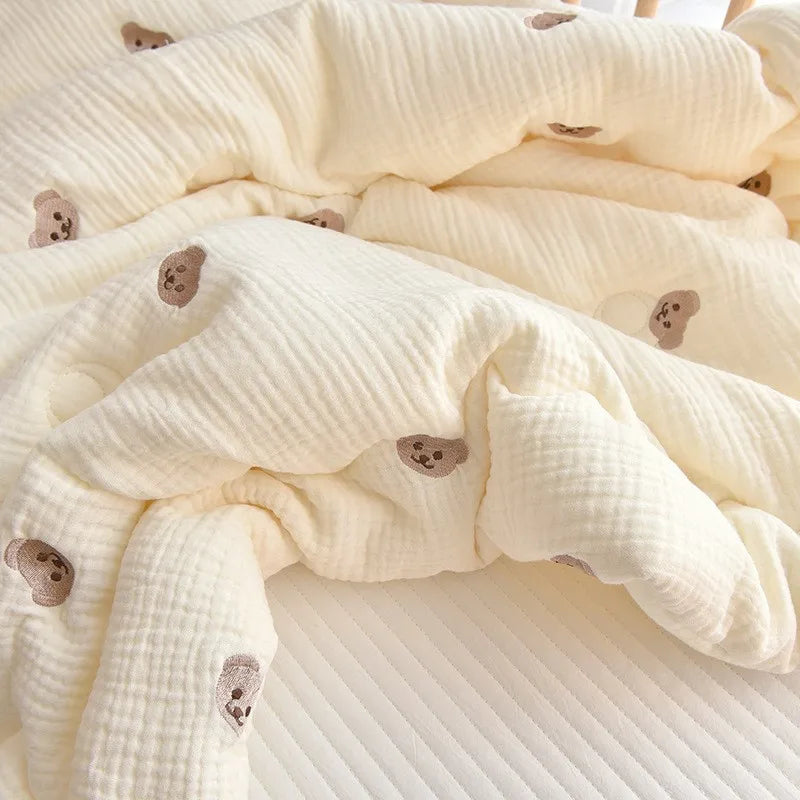 Pure Cotton Blanket Muslin Baby Bedding Bear Embroidery