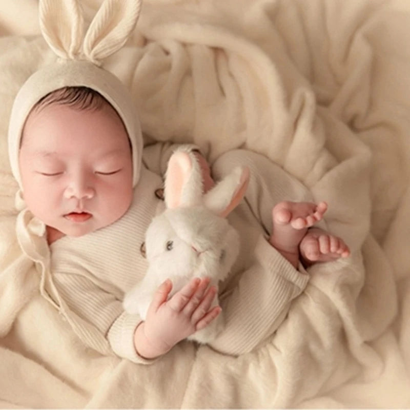 Newborn Photography Props Baby Romper+Rabbit Ear Hat+ Bunny Doll Set