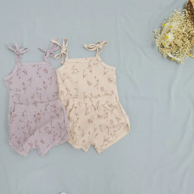 Summer Comfortable Waffle Cotton Baby Girl Vest + Pants 2pcs Set