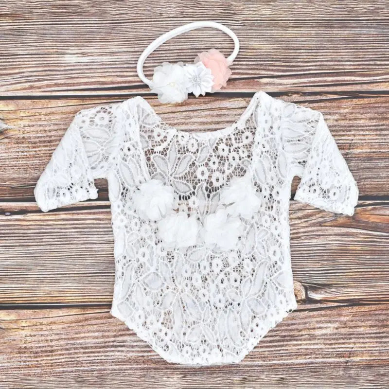 Newborn Lace Romper Jumpsuit+Pearl Headband Set Photo Props
