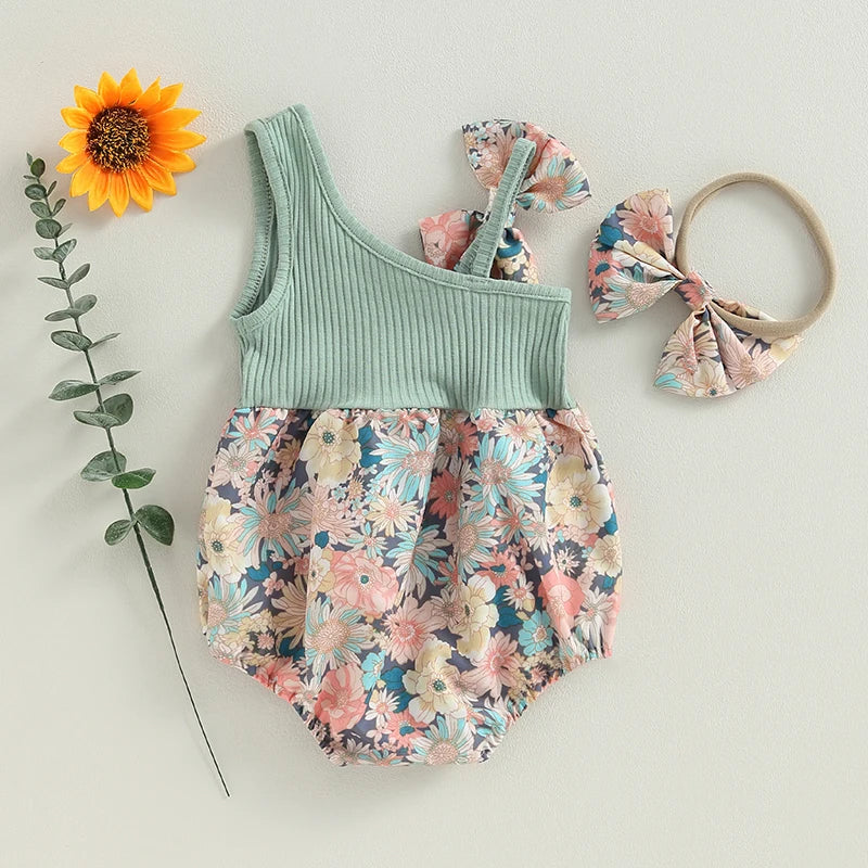 Newborn Baby Girl Summer Floral One Shoulder Bodysuit With Headband