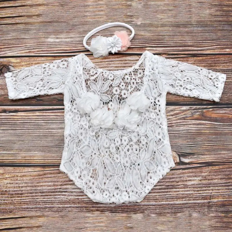 Newborn Lace Romper Jumpsuit+Pearl Headband Set Photo Props