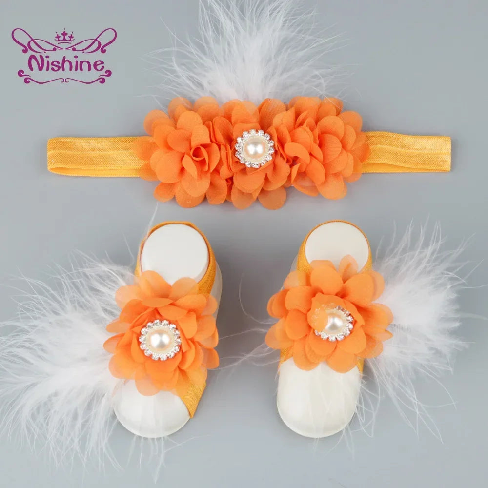 3pcs/lot Chiffon Flower Headband with Barefoot Sandals Soft Feather