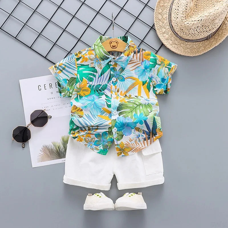 Summer Cotton Floral Shirt + Shorts Suits 2pcs Baby Hawaiian Outfit