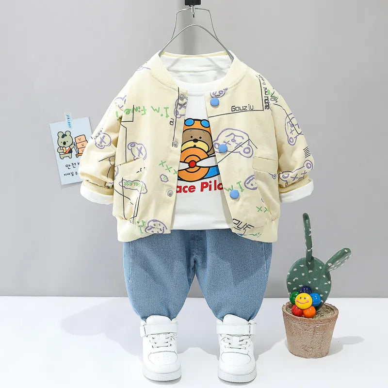 0-4 years Cute car baby suit striped three-piece sports suit