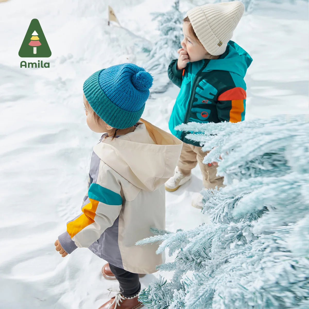 Amila Baby's Down Jacket 2022 Winter New Baby Boys Letter Warmth Patchwork Cloth Pocket Coat With Solid Color Hooded Jackets