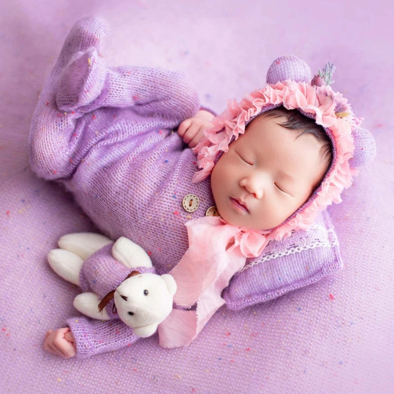 Newborn Jumpsuit Hat Pillow Set With Cute Bear Shooting Outfits 4 Pcs/Set