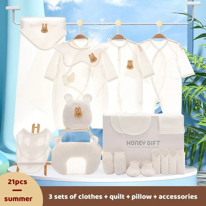 21/25pcs 100% Pure Cotton Summer Bunny Newborn Baby Clothes Set Baby Boy Girl Rabbit Pattern Clothes 0-6M Baby Gift With Box