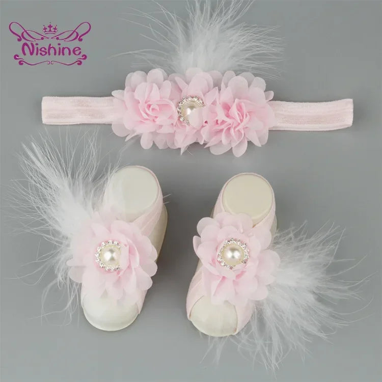 3pcs/lot Chiffon Flower Headband with Barefoot Sandals Soft Feather
