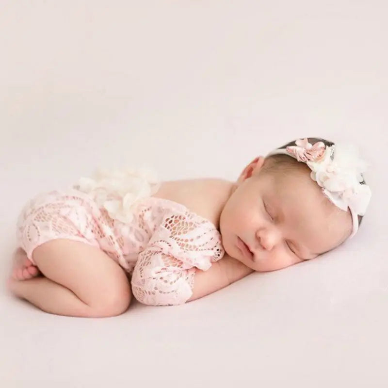 Newborn Lace Romper Jumpsuit+Pearl Headband Set Photo Props