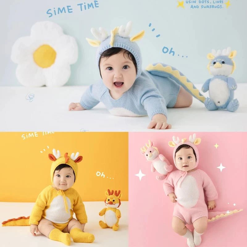3-5 Months Baby Photography Clothing Hand Knitted Jumpsuit Hat + Socks