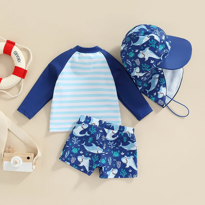 Toddler Kid Boy Swimsuit Cartoon Striped Shark Print