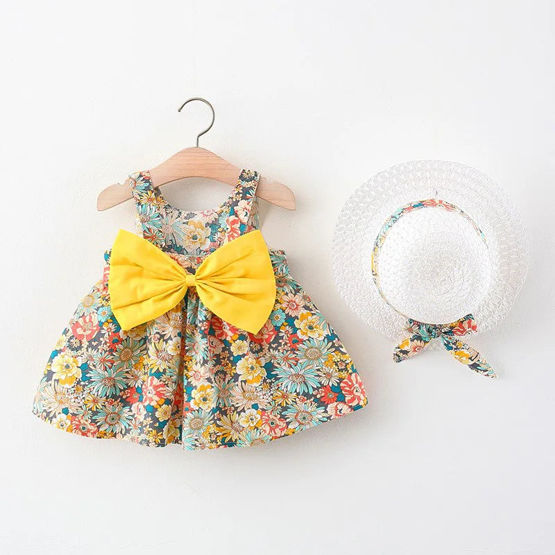 2Piece Flowers Cute Princess Baby Dresses+Sunhat Kids Dress