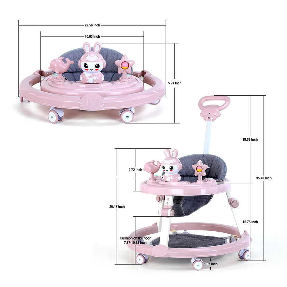 AnGku Baby Walker with Music Toys Foldable Activity Baby Walker with Anti-Roll 6-Wheel Round Chassis 6-Speed Height Adjustment